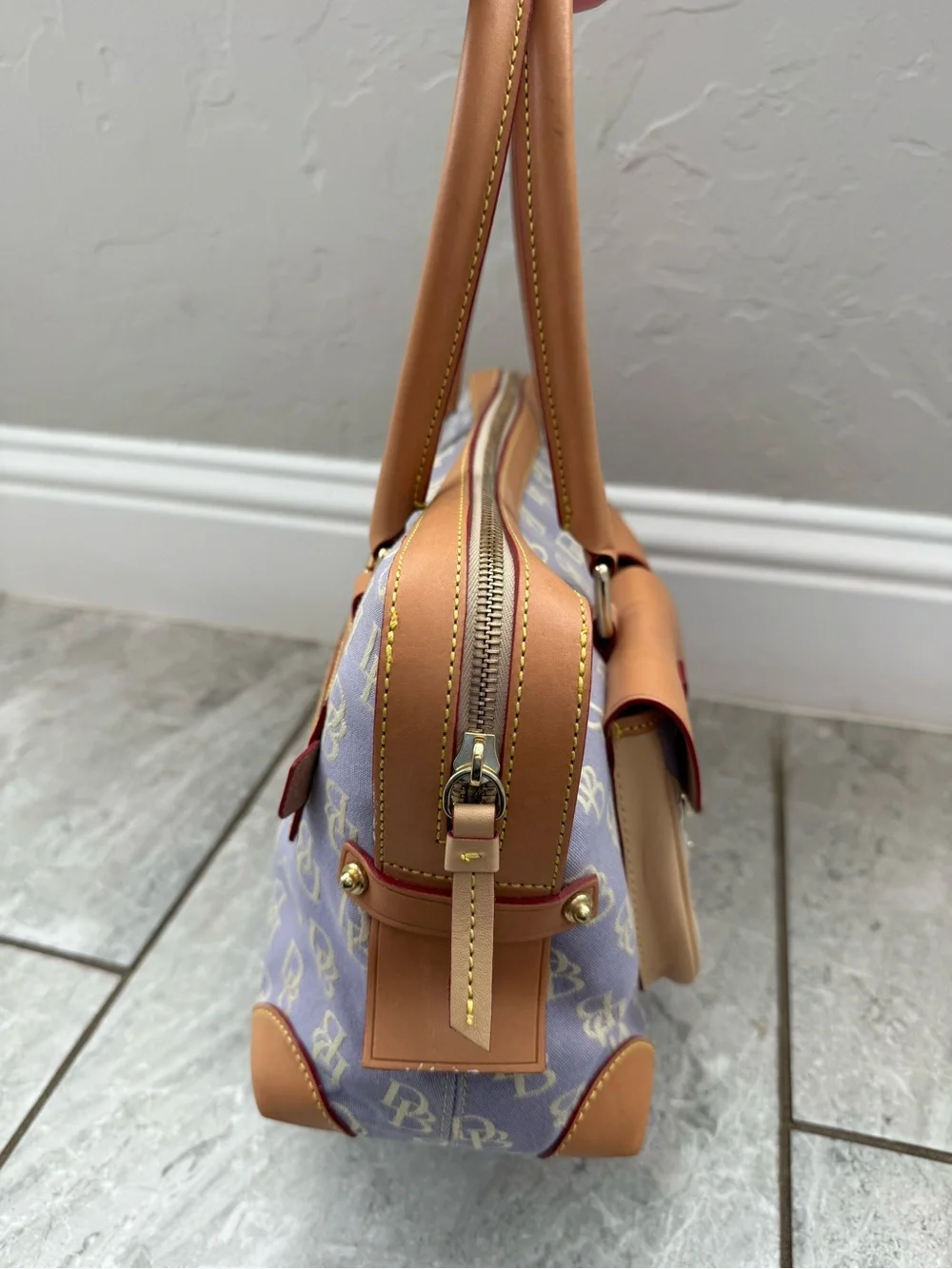 Vintage Y2K Dooney & Bourke Double Pocket Satchel Purple Lavender Tan Trim